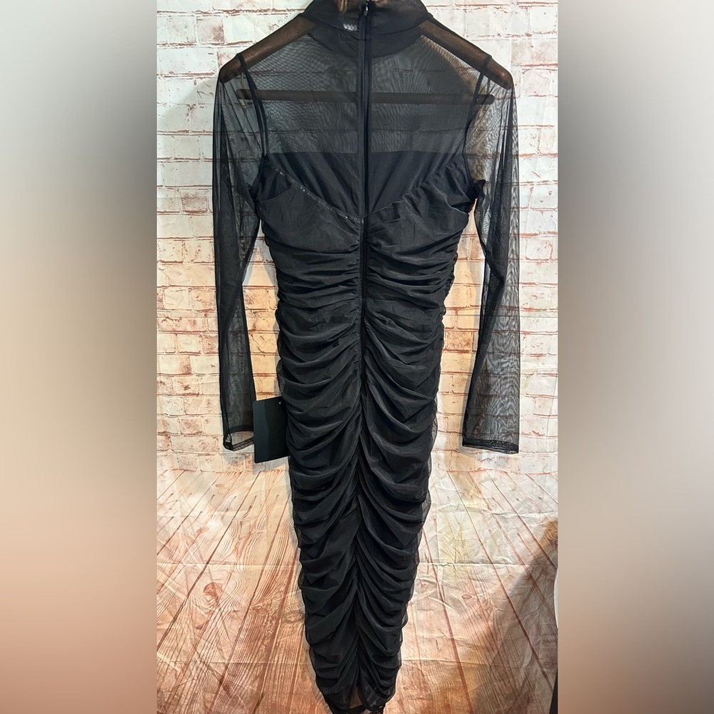 Lulus Impressive Flirt Black Mesh Ruched Mock Neck Midi Dress Black Size Large - Picture 3 of 4